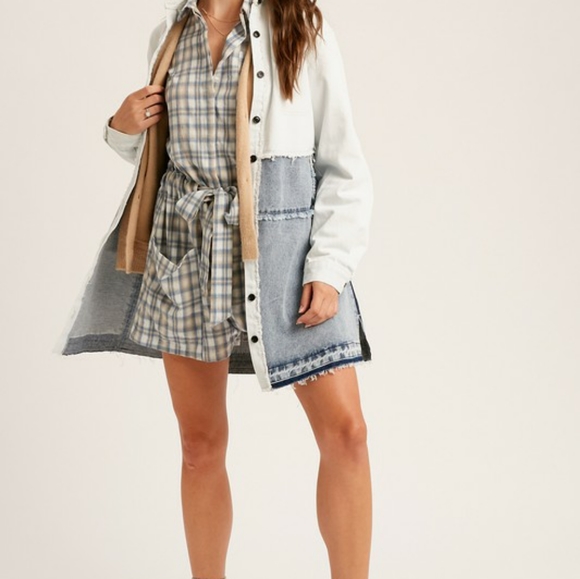 Listicle Color Block Denim Spliced Raw Hem Shirt Jacket - Picture 4 of 6